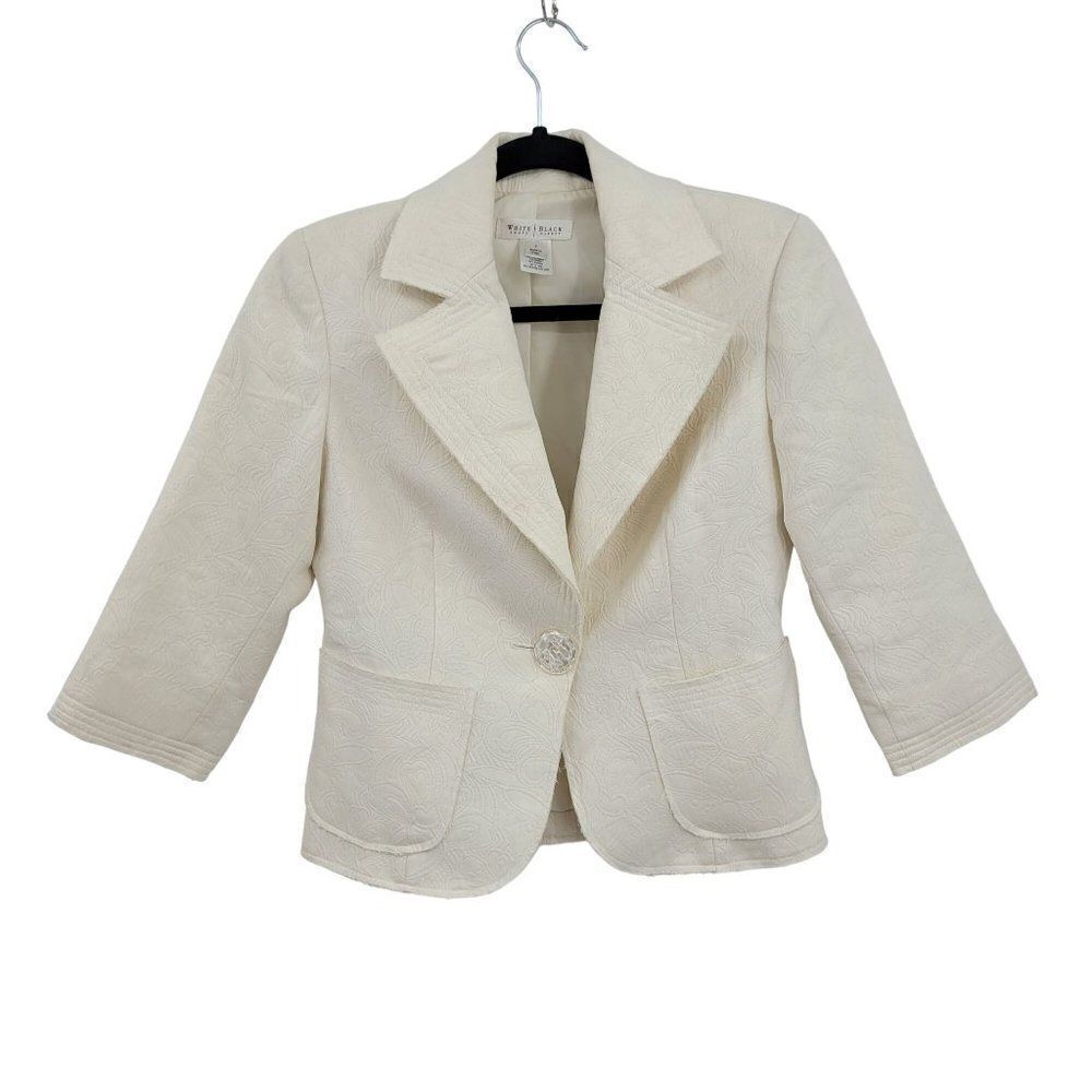 WHBM 90s Quilted Blazer 6 Cream One Button3/4 Sleeve Patch Pockets Raw Edge